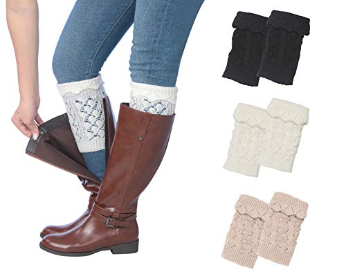 Three pairs of Tipi Toe women's knitted boot cuffs in various colors, designed for warmth and style.