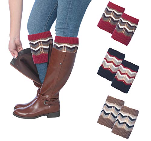 Three pairs of Tipi Toe women's knitted boot cuffs in various colors, designed for warmth and style.