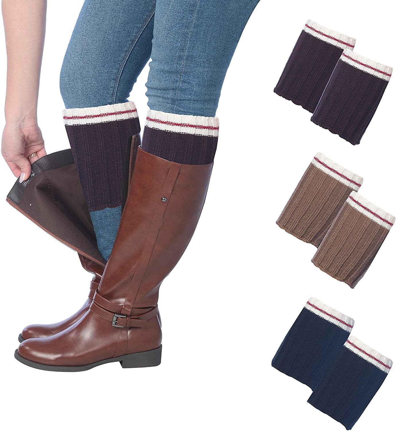 Three pairs of Tipi Toe women's knitted boot cuffs in various colors, designed for warmth and style.