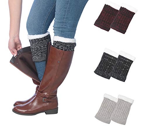 Three pairs of Tipi Toe women's knitted boot cuffs in various colors, designed for warmth and style.