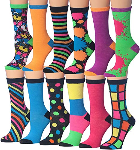 A collection of 12 pairs of colorful women's crew socks featuring funky colorblock patterns, showcasing vibrant hues and stylish designs.