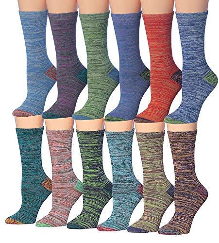 A colorful assortment of Tipi Toe women's crew socks featuring various fun patterns and designs, neatly arranged.