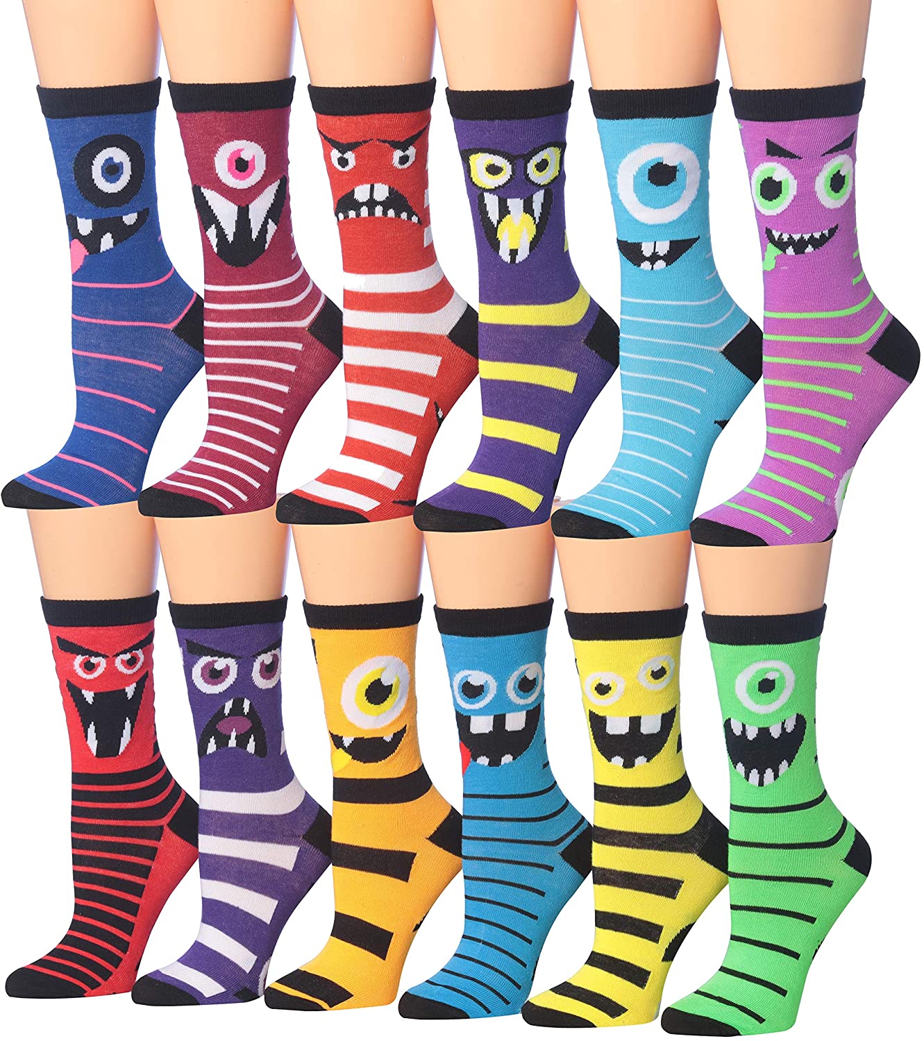 A colorful assortment of Tipi Toe women's crew socks featuring various fun patterns and designs, neatly arranged.