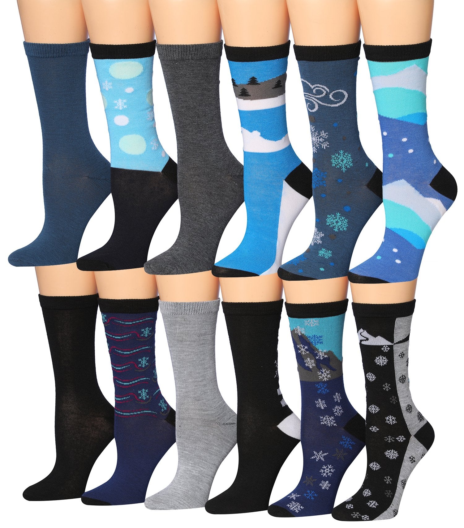 A colorful assortment of Tipi Toe women's crew socks featuring various fun patterns and designs, neatly arranged.