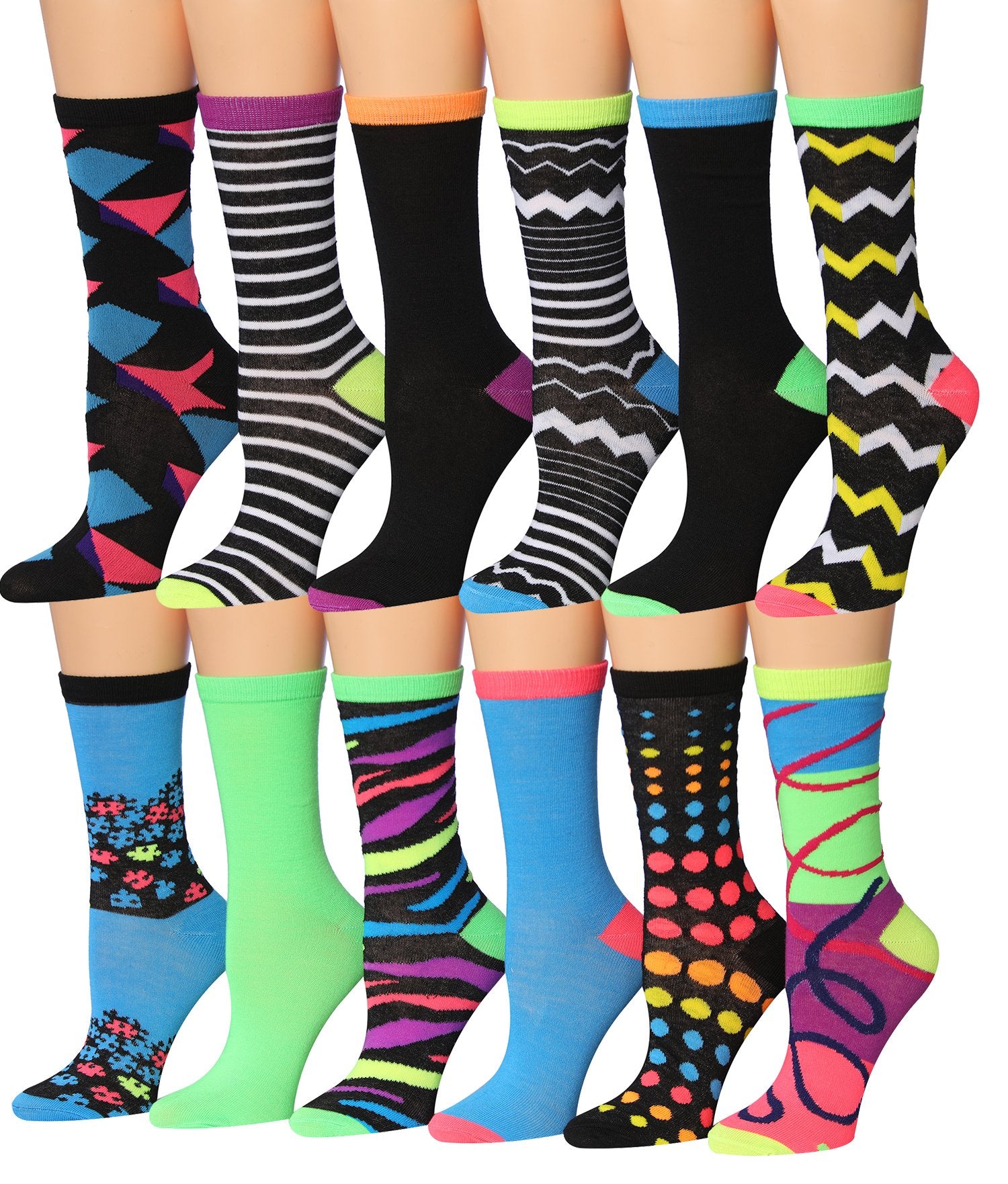A colorful assortment of Tipi Toe women's crew socks featuring various fun patterns and designs, neatly arranged.