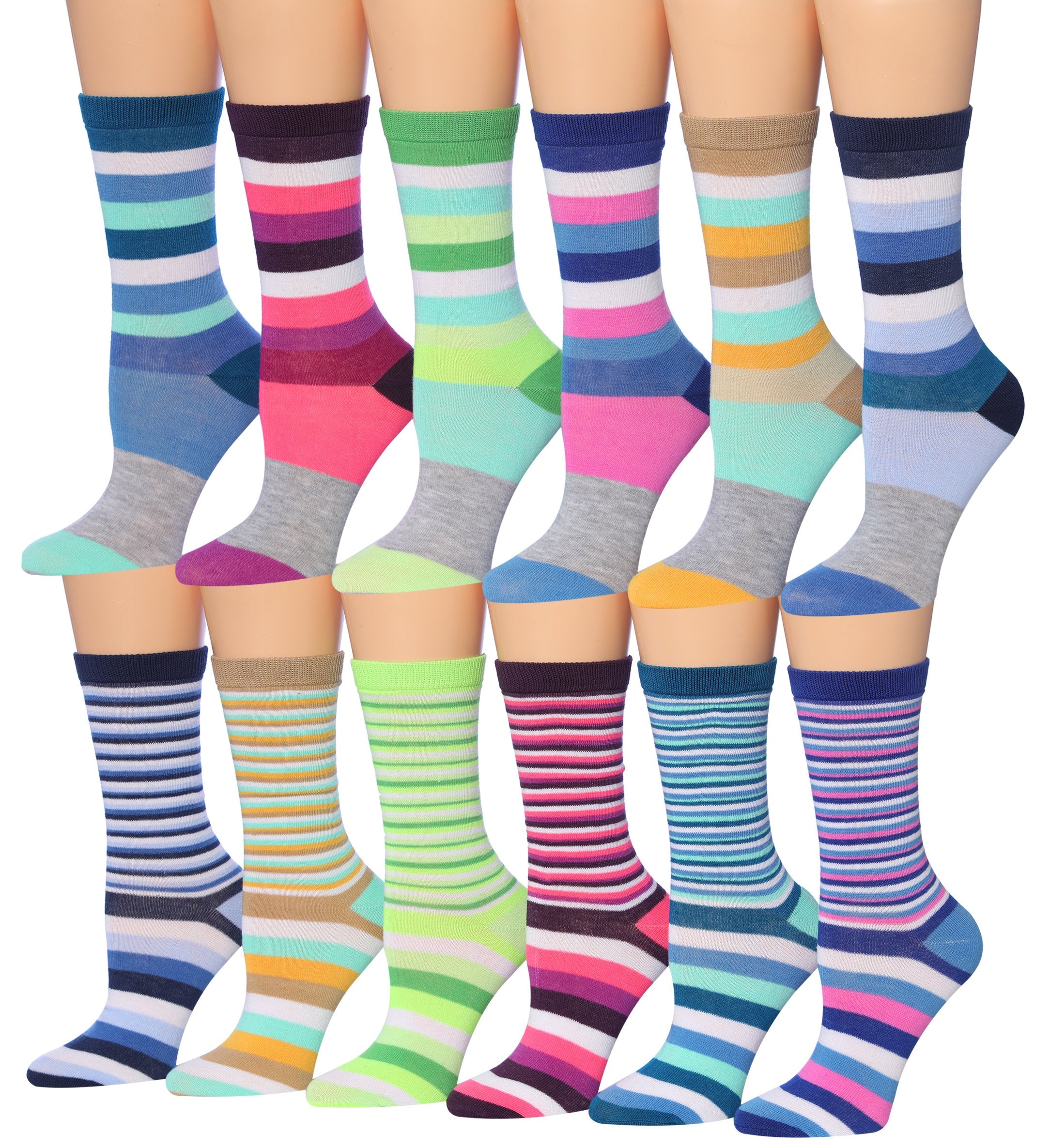 A colorful assortment of Tipi Toe women's crew socks featuring various fun patterns and designs, neatly arranged.