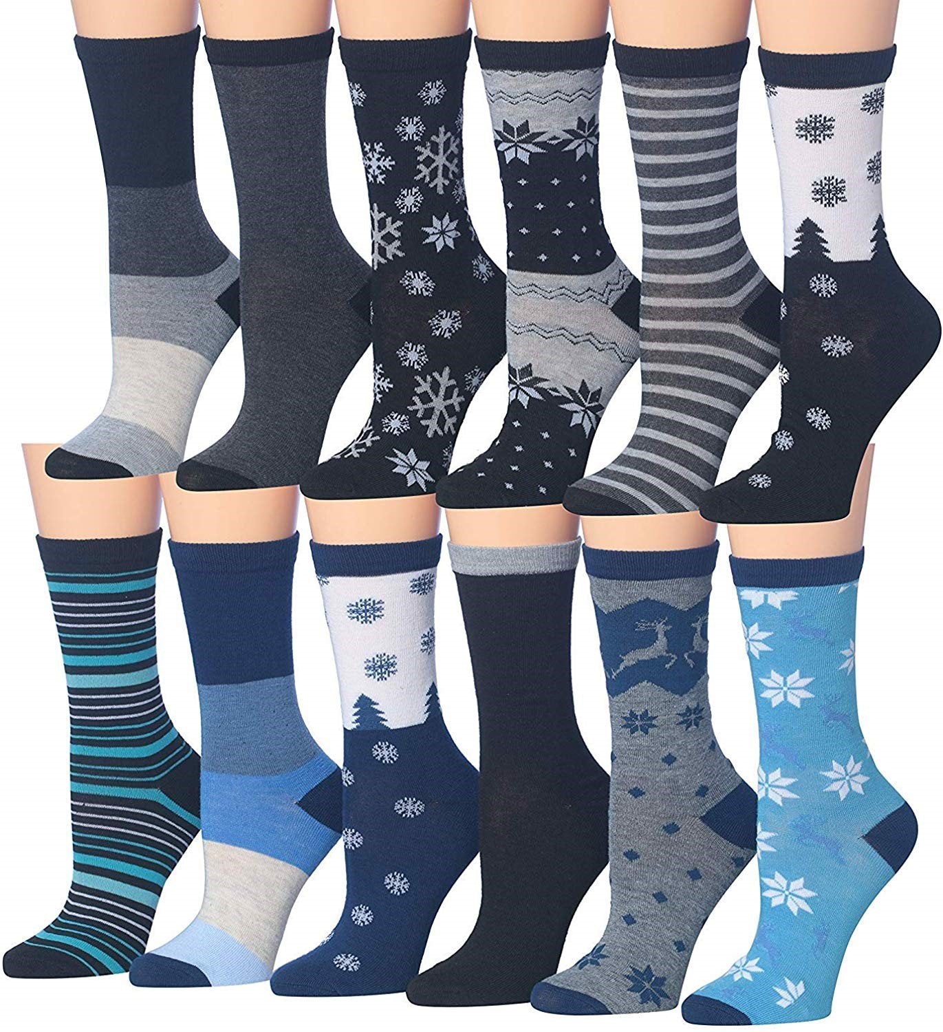 A colorful assortment of Tipi Toe women's crew socks featuring various fun patterns and designs, neatly arranged.