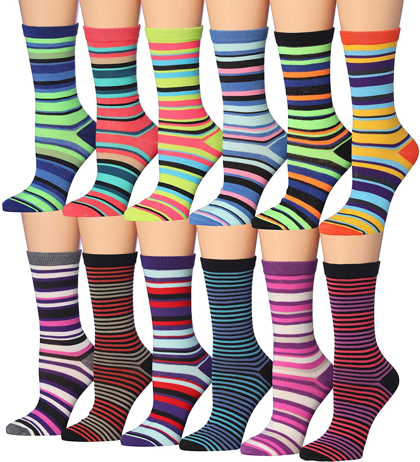 A colorful assortment of Tipi Toe women's crew socks featuring various fun patterns and designs, neatly arranged.