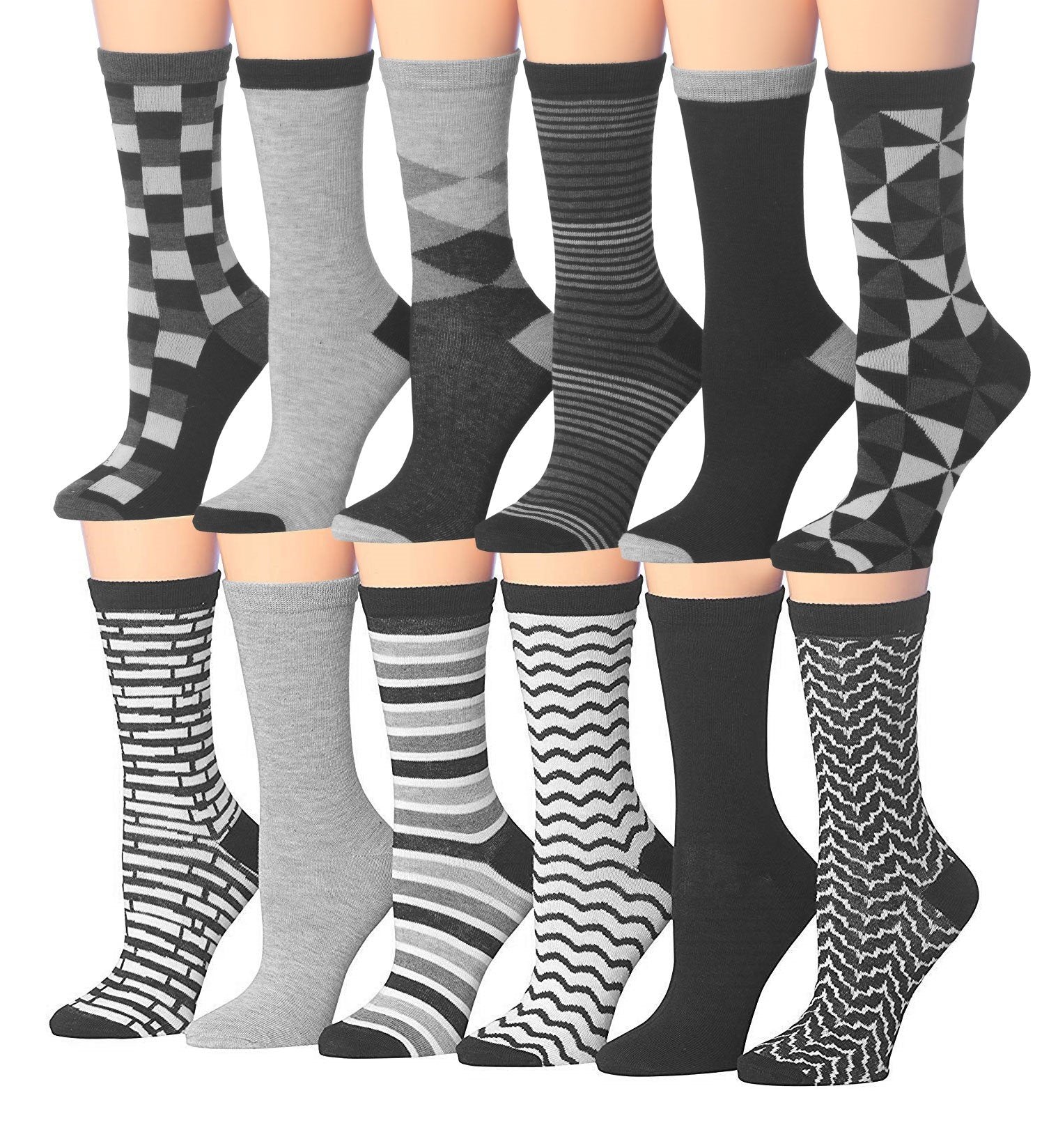 A colorful assortment of Tipi Toe women's crew socks featuring various fun patterns and designs, neatly arranged.