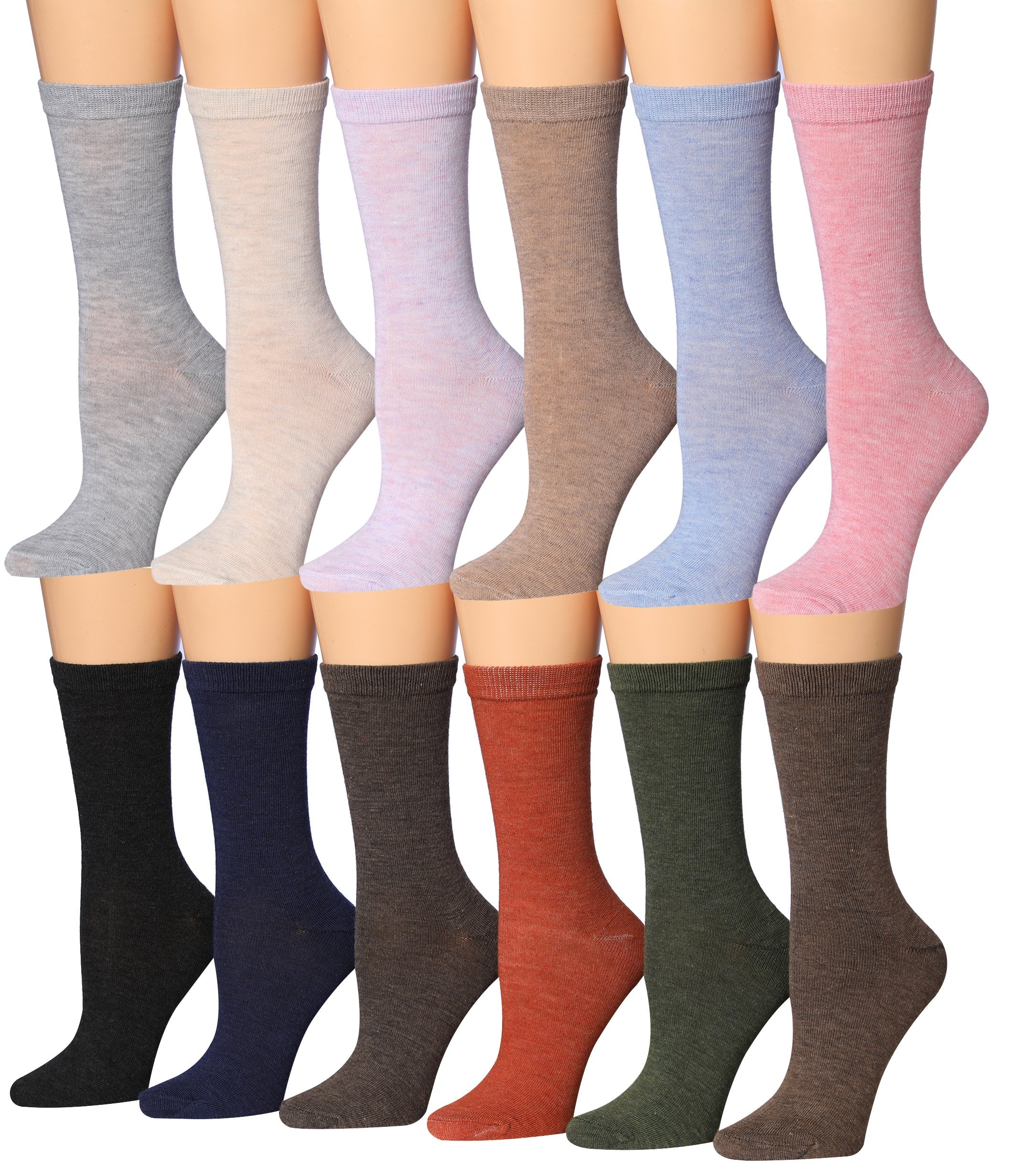 A colorful assortment of Tipi Toe women's crew socks featuring various fun patterns and designs, neatly arranged.