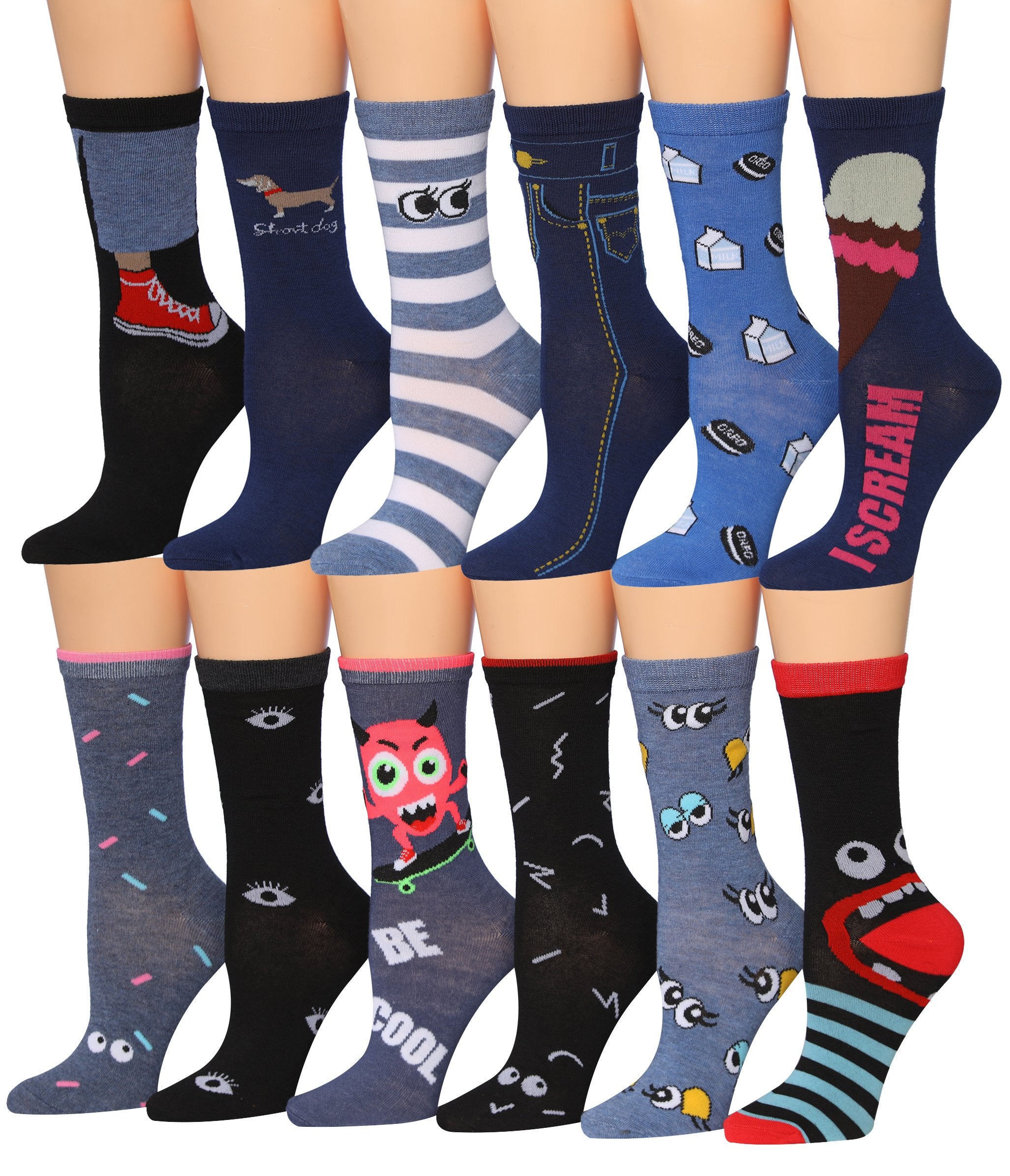 A vibrant collection of Tipi Toe Women's 12 Pairs Colorful Patterned Crew Socks featuring various fun designs and colors.