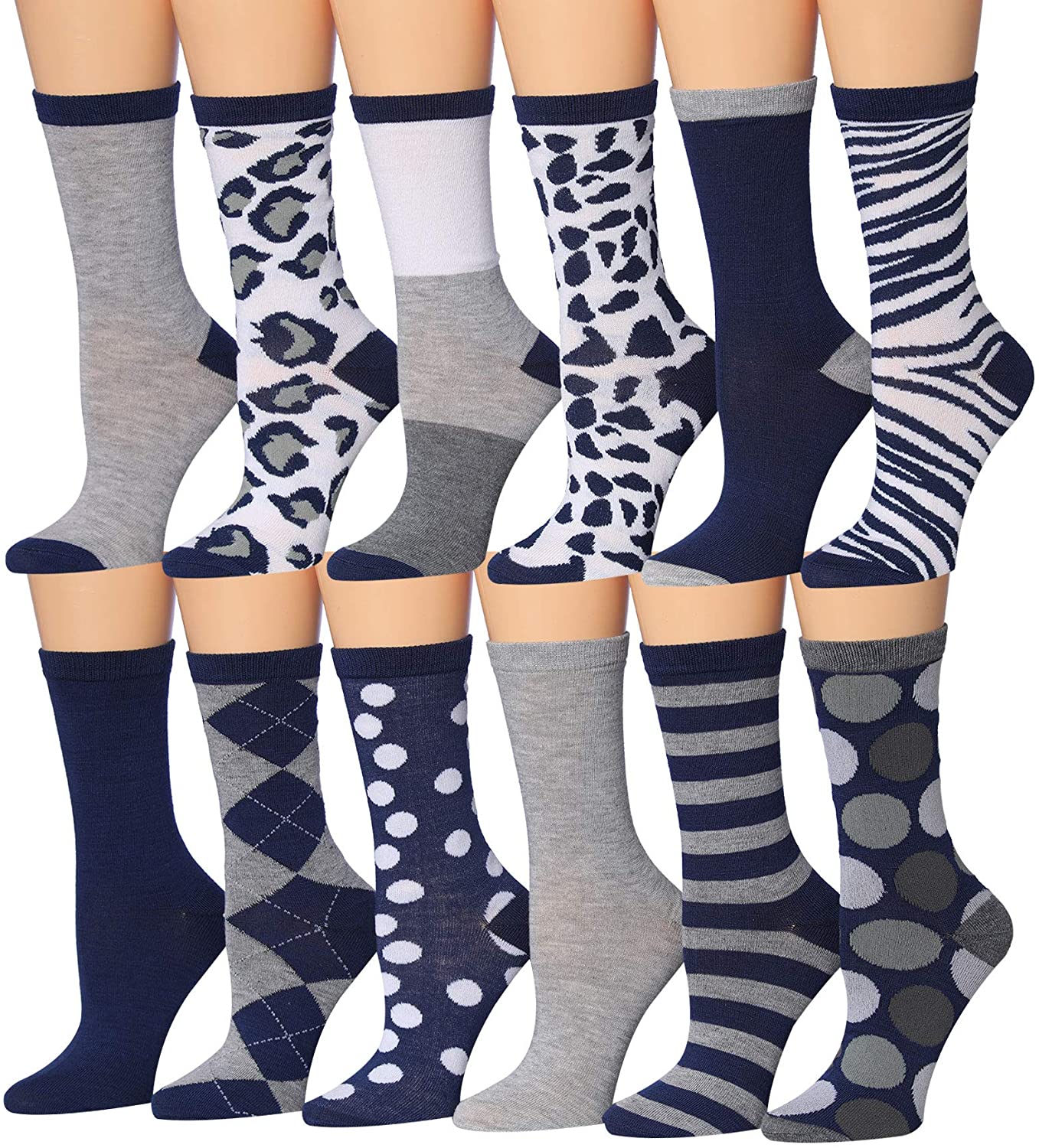A vibrant collection of Tipi Toe Women's 12 Pairs Colorful Patterned Crew Socks featuring various fun designs and colors.