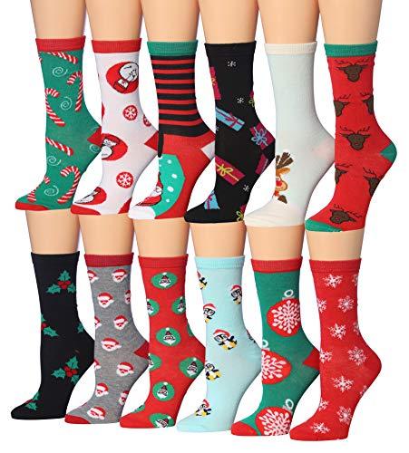 A vibrant collection of Tipi Toe Women's 12 Pairs Colorful Patterned Crew Socks featuring various fun designs and colors.