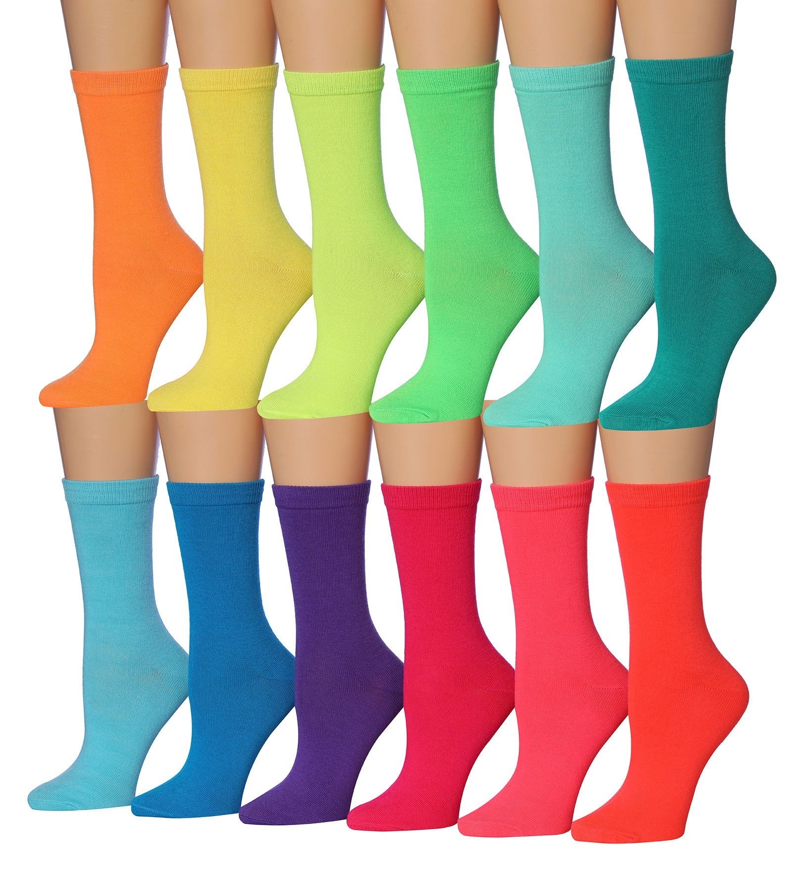 A vibrant collection of Tipi Toe Women's 12 Pairs Colorful Patterned Crew Socks featuring various fun designs and colors.