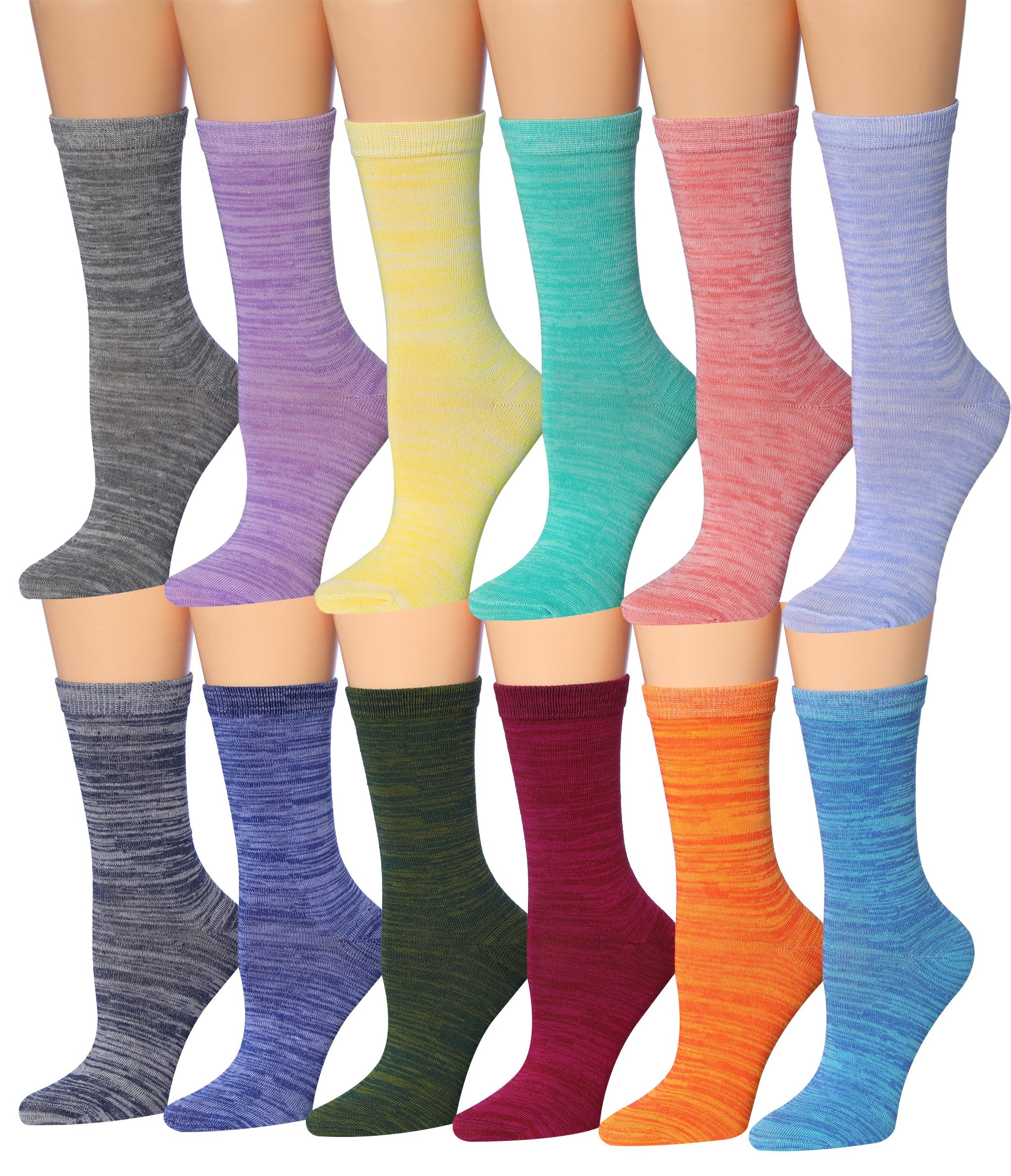 A colorful assortment of Tipi Toe Women's crew socks featuring various vibrant patterns and designs, neatly arranged.