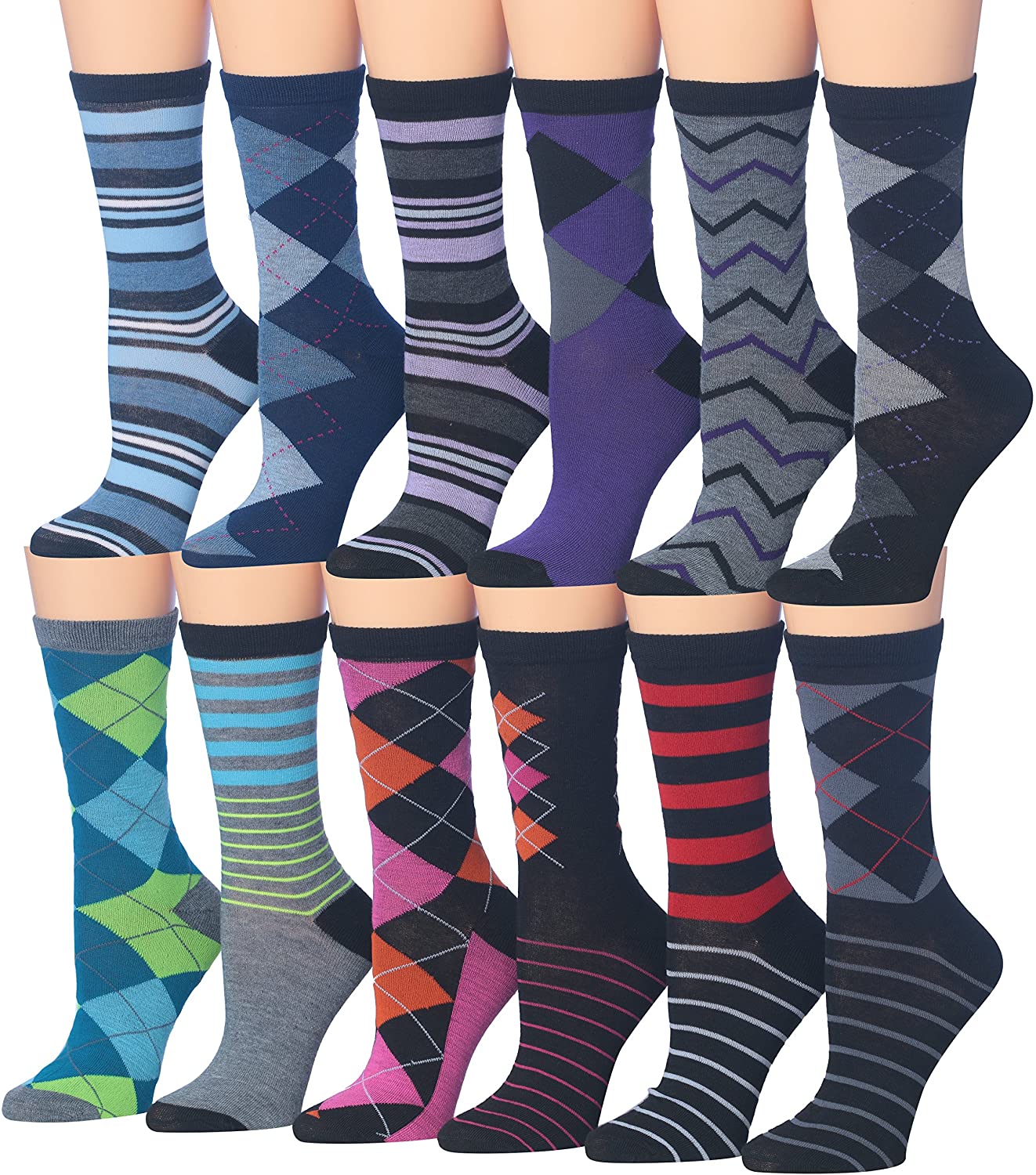 A colorful assortment of Tipi Toe Women's crew socks featuring various vibrant patterns and designs, neatly arranged.