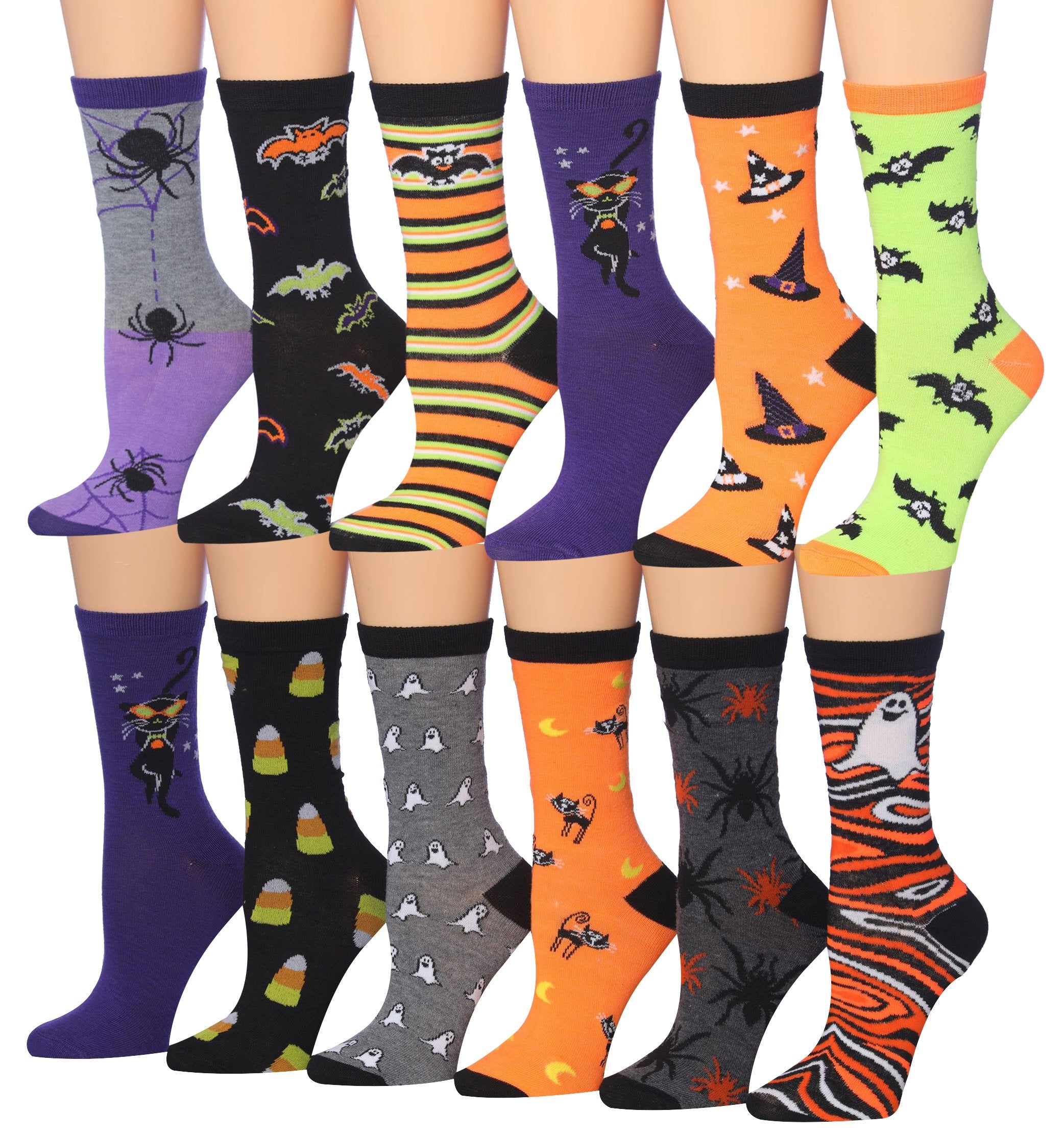 A colorful assortment of Tipi Toe women's crew socks featuring various vibrant patterns and designs, neatly arranged.