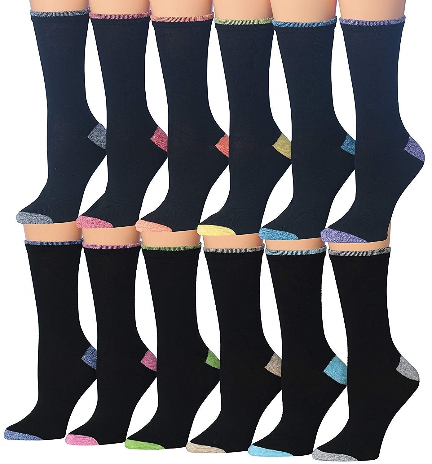 A vibrant collection of Tipi Toe Women's 12 Pairs Colorful Patterned Crew Socks featuring various fun designs and colors.