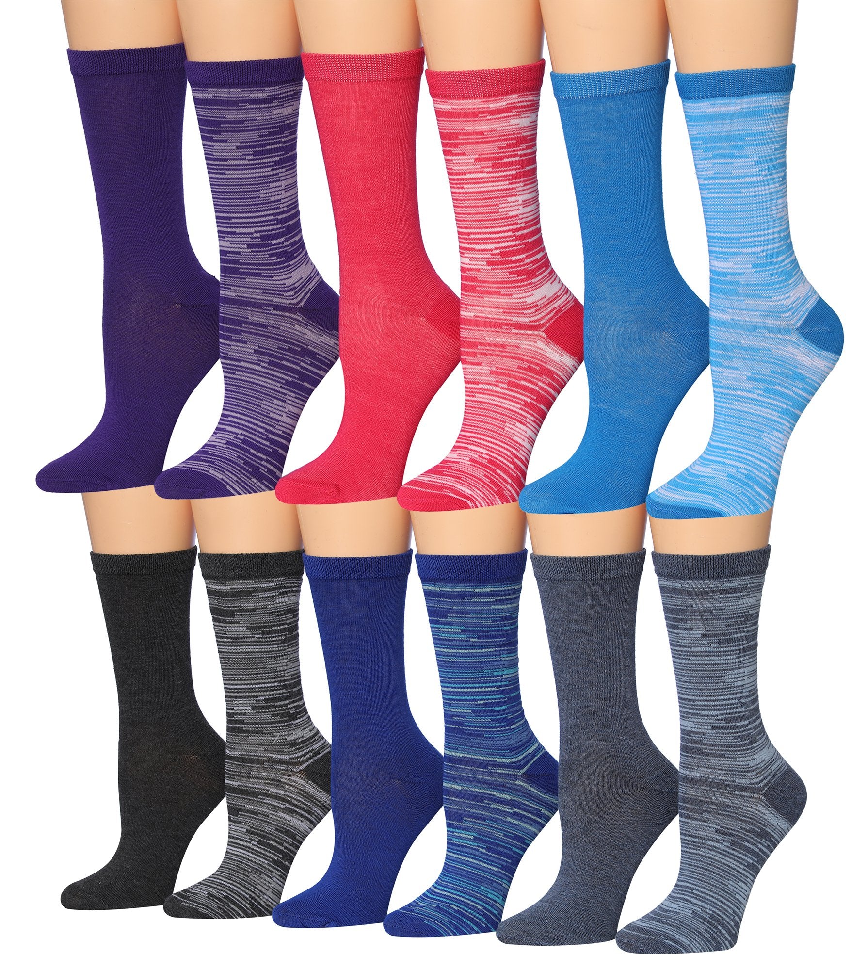 A vibrant collection of Tipi Toe Women's 12 Pairs Colorful Patterned Crew Socks featuring various fun designs and colors.