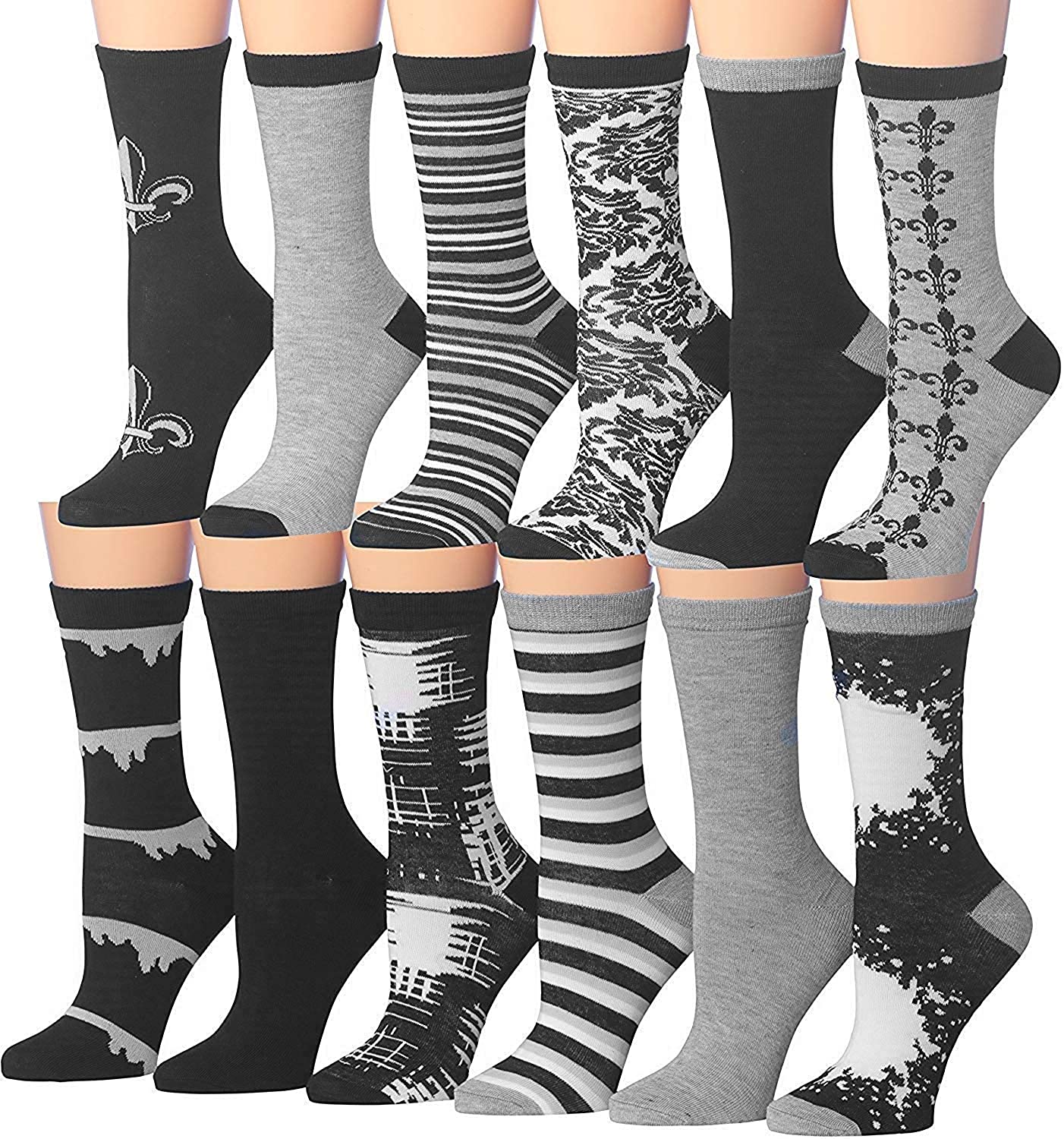 A colorful assortment of Tipi Toe Women's crew socks featuring various vibrant patterns and designs, neatly arranged in pairs.