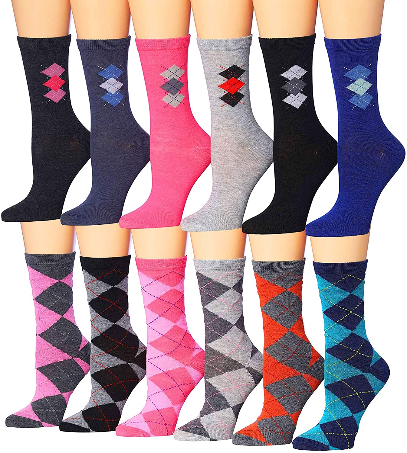 A colorful assortment of Tipi Toe Women's crew socks featuring various vibrant patterns and designs, neatly arranged in pairs.
