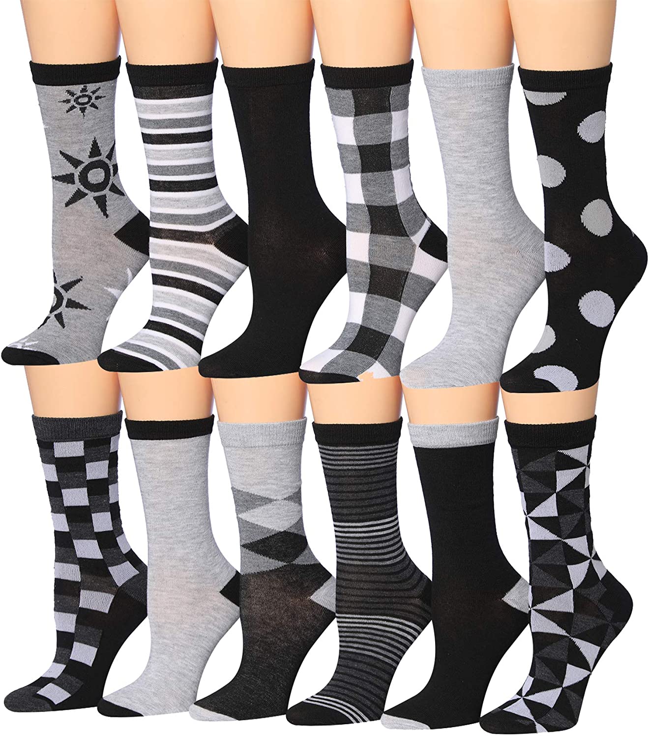 A colorful assortment of Tipi Toe Women's crew socks featuring various vibrant patterns and designs, neatly arranged in pairs.