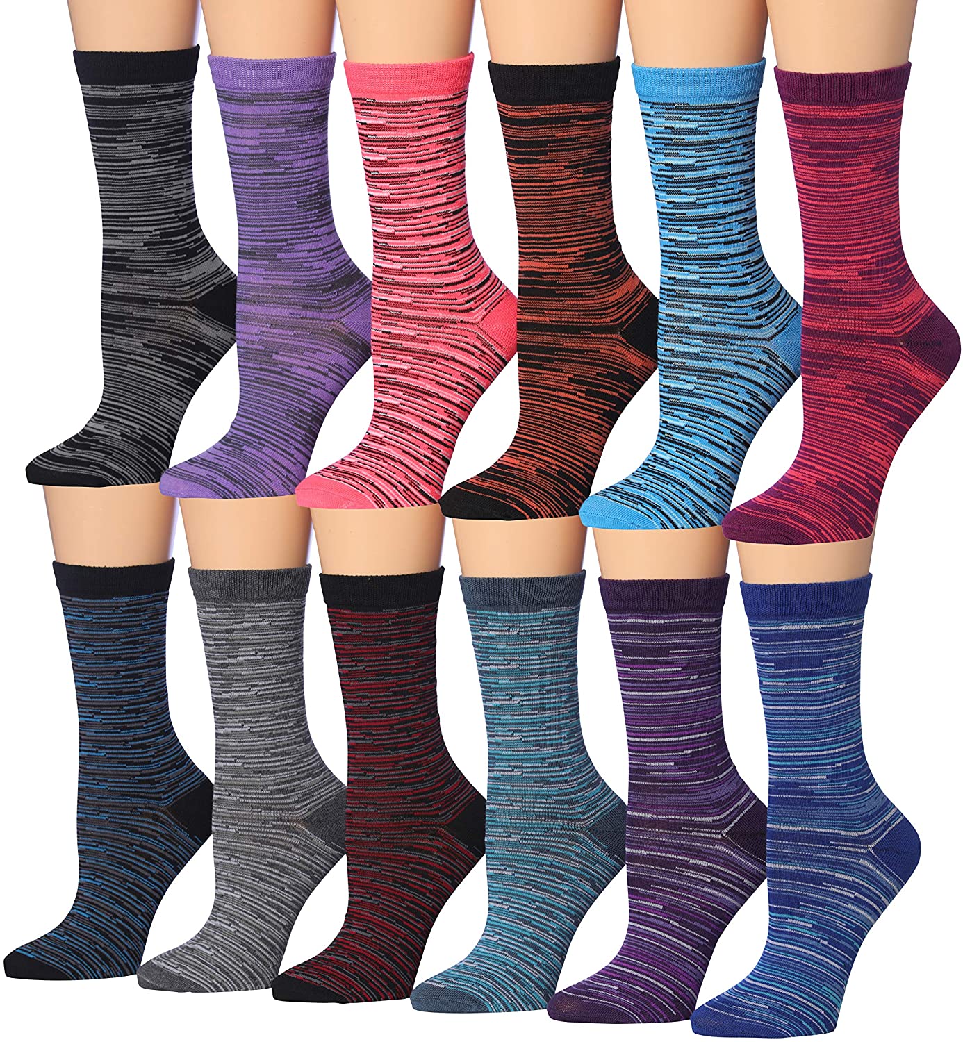 A colorful assortment of Tipi Toe Women's crew socks featuring various vibrant patterns and designs, neatly arranged in pairs.