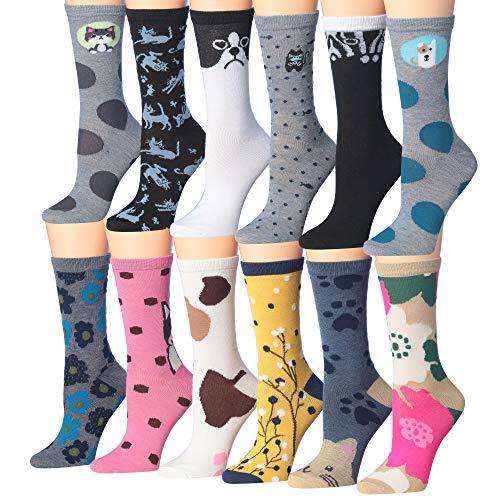A colorful assortment of 12 pairs of women's crew socks featuring various fun patterns and designs, perfect for everyday wear.