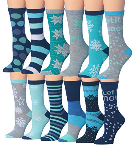 A vibrant collection of Tipi Toe Women's 12 Pairs Colorful Patterned Crew Socks showcasing various colorful designs and patterns.