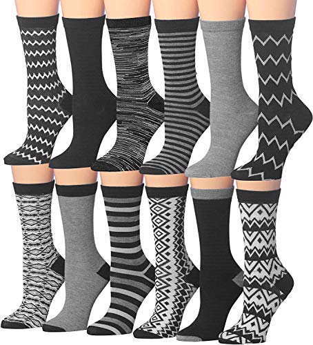 A colorful assortment of 12 pairs of women's crew socks featuring various fun patterns and designs, perfect for everyday wear.