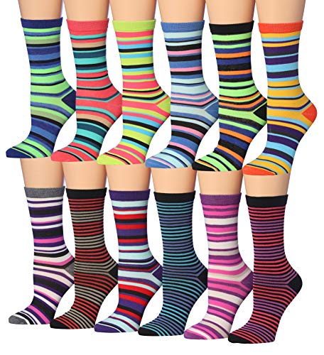 A colorful assortment of 12 pairs of women's crew socks featuring various patterns including stripes, polka dots, and floral designs.