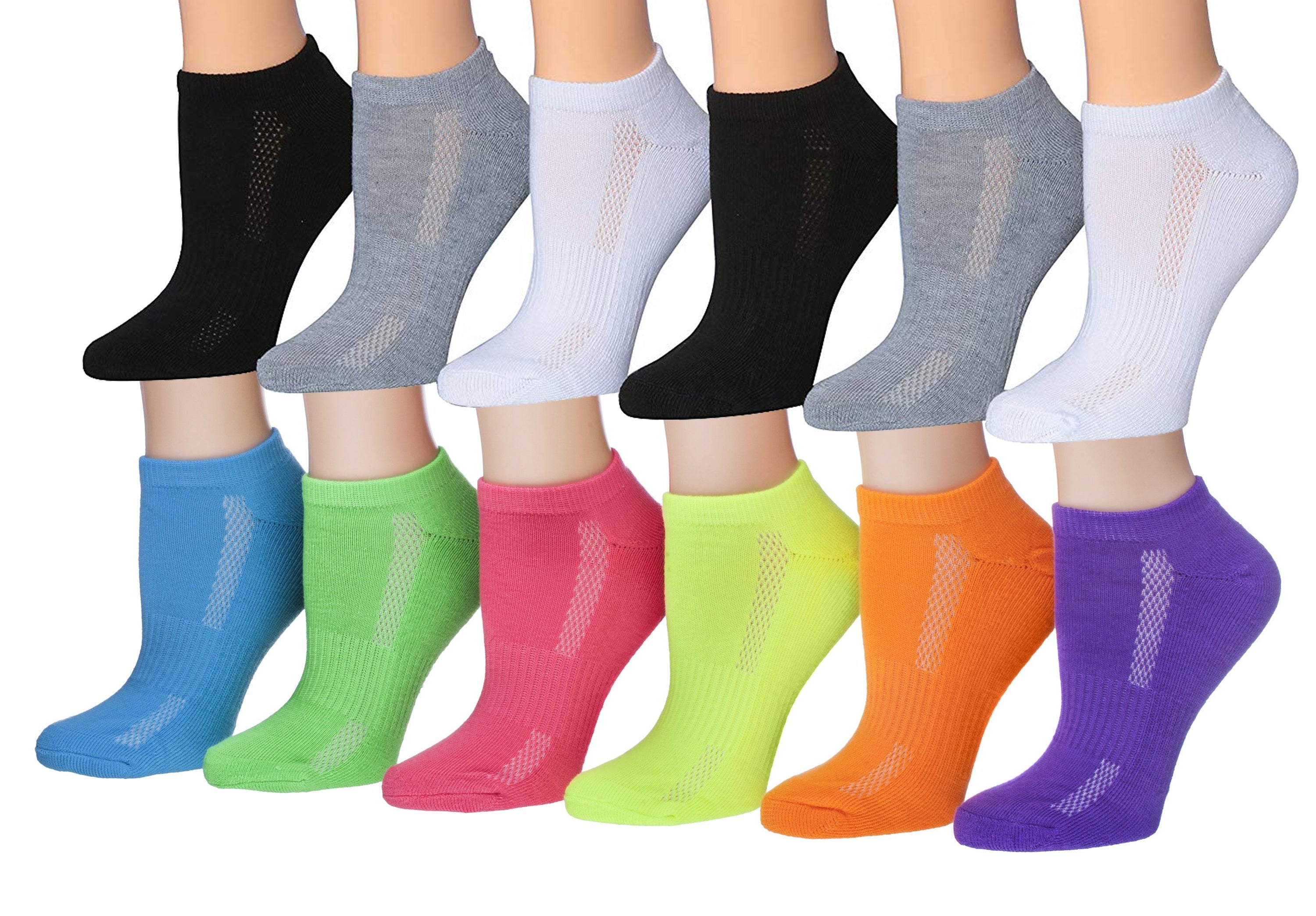 Tipi Toe Women's 12-Pairs Low Cut Athletic Sport Performance Socks in assorted colors and designs, showcasing their low cut style and breathable fabric.