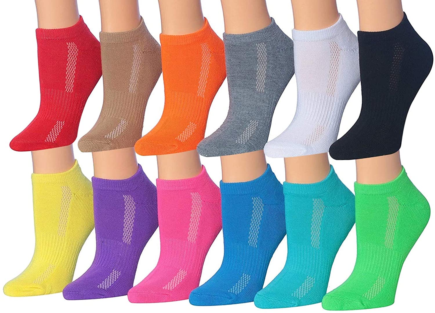 Tipi Toe Women's 12-Pairs Low Cut Athletic Sport Performance Socks in assorted colors and designs, showcasing their low cut style and breathable fabric.