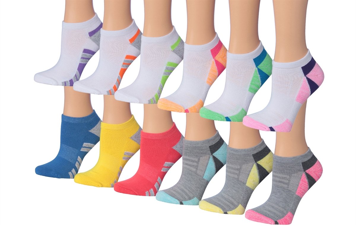 Tipi Toe Women's 12-Pairs Low Cut Athletic Sport Performance Socks in assorted colors and designs, showcasing their low cut style and breathable fabric.