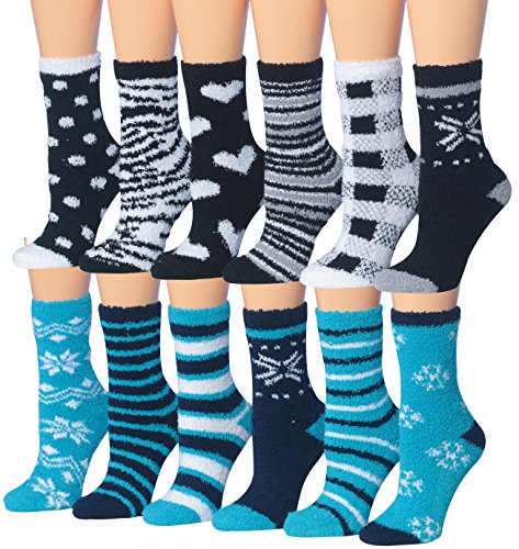 A colorful assortment of Tipi Toe Women's 12-Pairs Soft Fuzzy Anti-Skid Crew Socks displayed together, showcasing their soft texture and vibrant patterns.