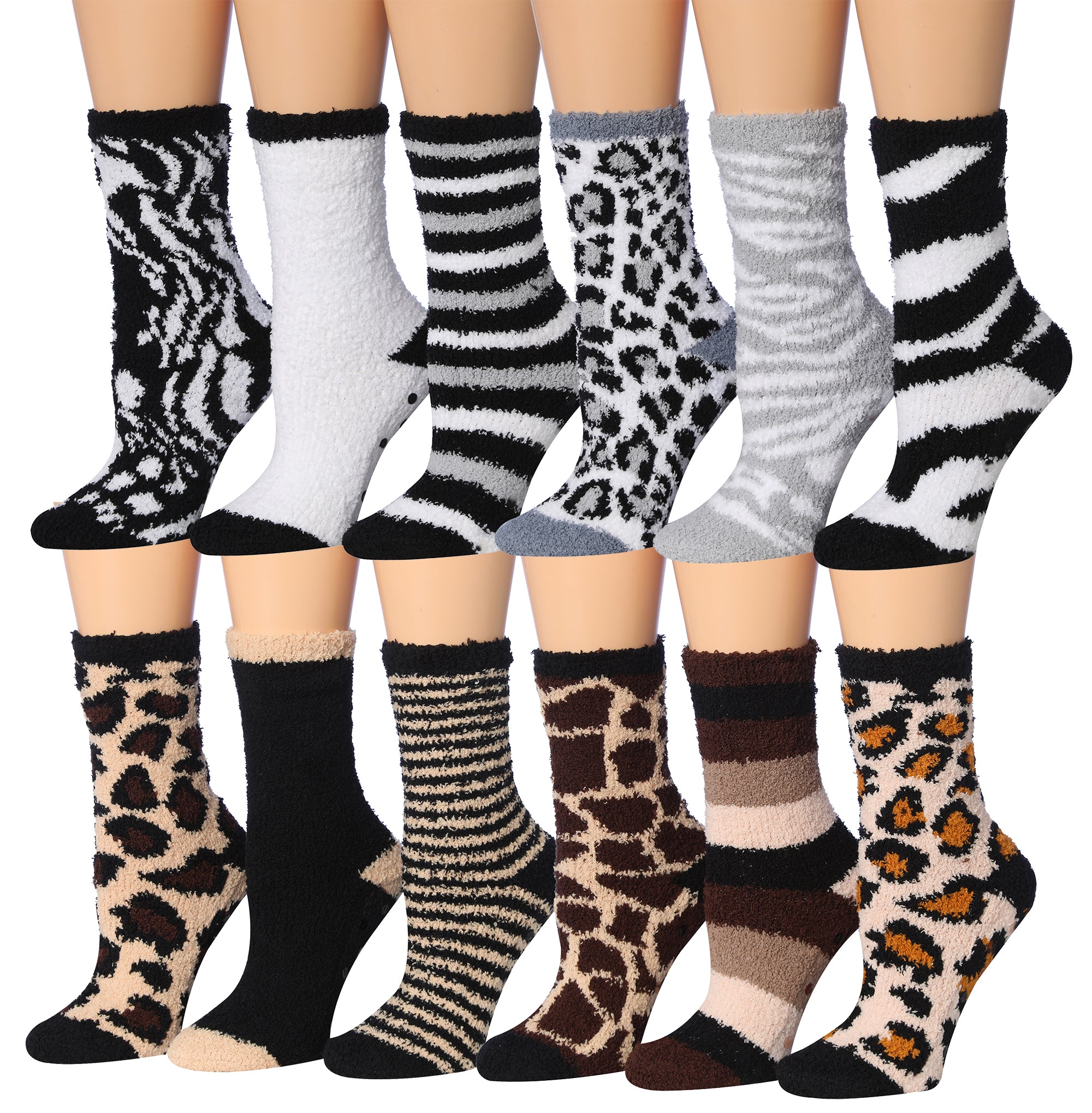 A colorful assortment of Tipi Toe Women's 12-Pairs Soft Fuzzy Anti-Skid Crew Socks displayed together, showcasing their soft texture and vibrant patterns.