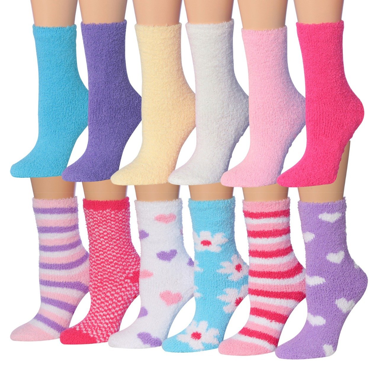A colorful assortment of Tipi Toe Women's 12-Pairs Soft Fuzzy Anti-Skid Crew Socks displayed together, showcasing their soft texture and vibrant patterns.