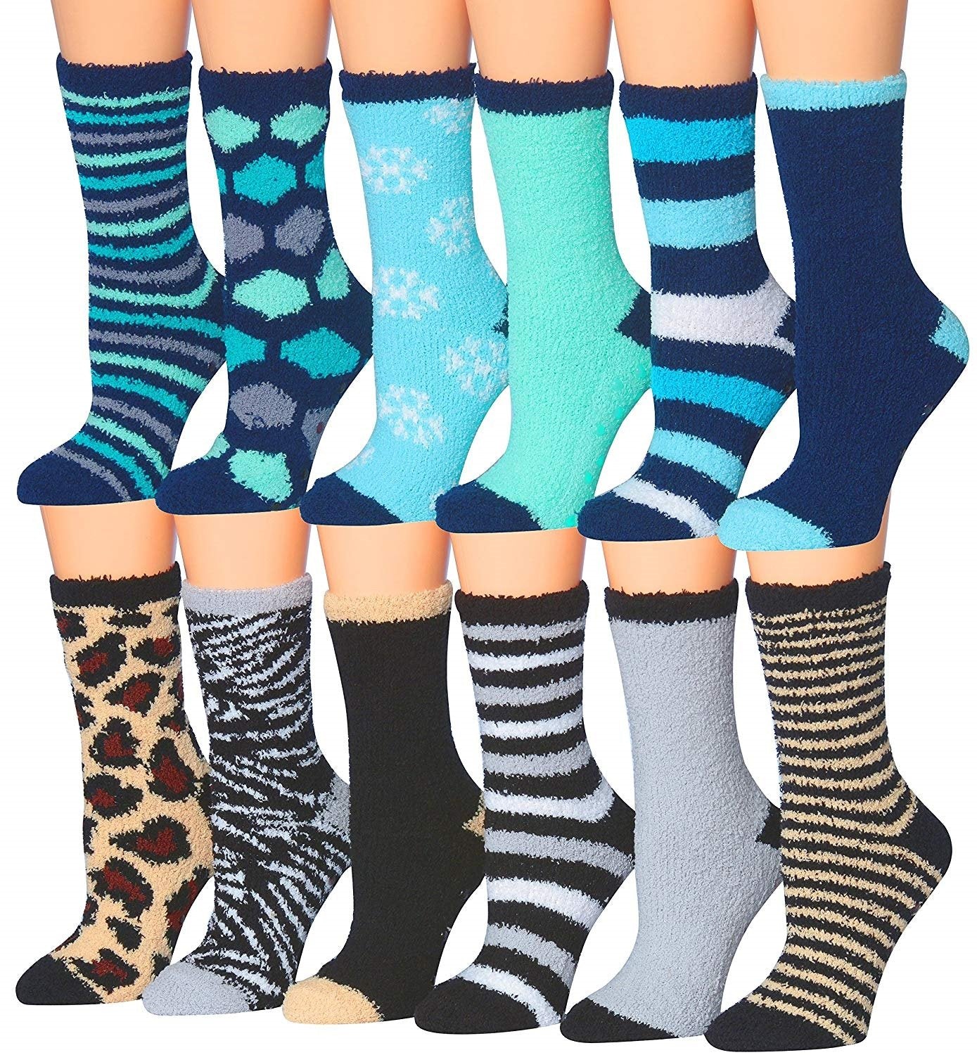 A colorful assortment of Tipi Toe Women's 12-Pairs Soft Fuzzy Anti-Skid Crew Socks displayed together, showcasing their soft texture and vibrant patterns.