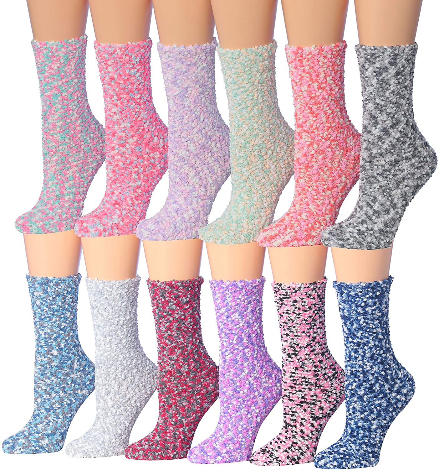 A colorful assortment of Tipi Toe Women's 12-Pairs Soft Fuzzy Anti-Skid Crew Socks displayed together, showcasing their soft texture and vibrant patterns.