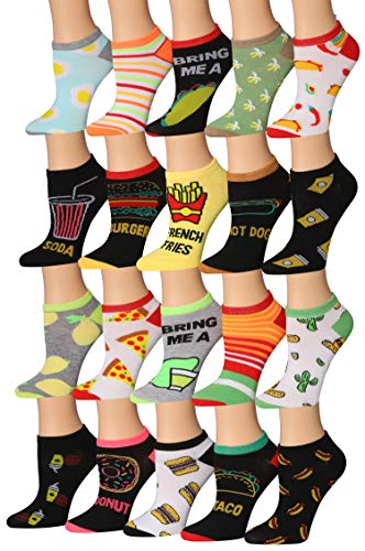 A vibrant collection of Tipi Toe Women's 20 Pairs Colorful Patterned Low Cut/No Show Socks displayed in various colors and patterns.