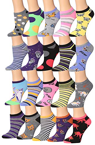A colorful assortment of Tipi Toe Women's low cut/no show socks featuring various patterns and designs, neatly arranged.