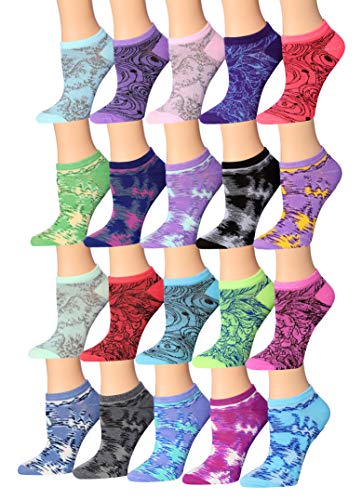 A colorful assortment of Tipi Toe Women's low cut no show socks featuring various patterns and designs, neatly arranged.