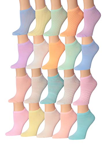 A colorful assortment of Tipi Toe Women's low cut/no show socks featuring various patterns and designs, neatly arranged.