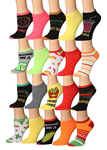 A colorful assortment of Tipi Toe Women's low cut/no show socks featuring various patterns and designs, neatly arranged.