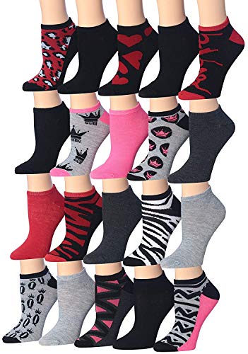 A colorful assortment of Tipi Toe Women's low cut/no show socks featuring various patterns and designs, neatly arranged.