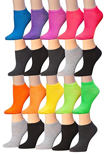 A colorful assortment of Tipi Toe Women's low cut/no show socks featuring various patterns and designs, neatly arranged.