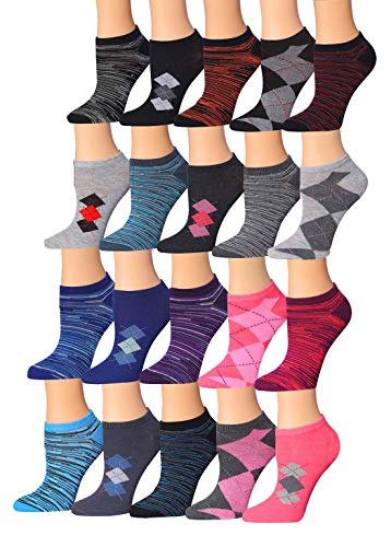 A colorful assortment of Tipi Toe Women's low cut/no show socks featuring various patterns and designs, neatly arranged.