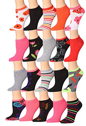 A colorful assortment of Tipi Toe Women's low cut/no show socks featuring various patterns and designs, neatly arranged.