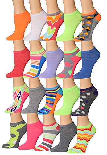 A colorful assortment of Tipi Toe Women's low cut/no show socks featuring various patterns and designs, neatly arranged.