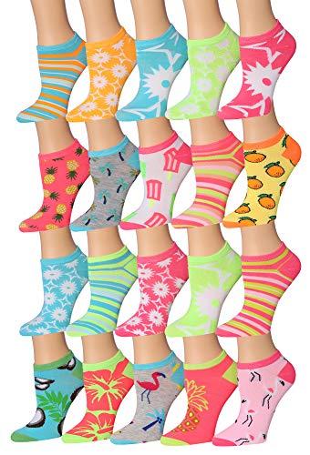A colorful assortment of Tipi Toe Women's low cut/no show socks featuring various patterns and designs, neatly arranged.